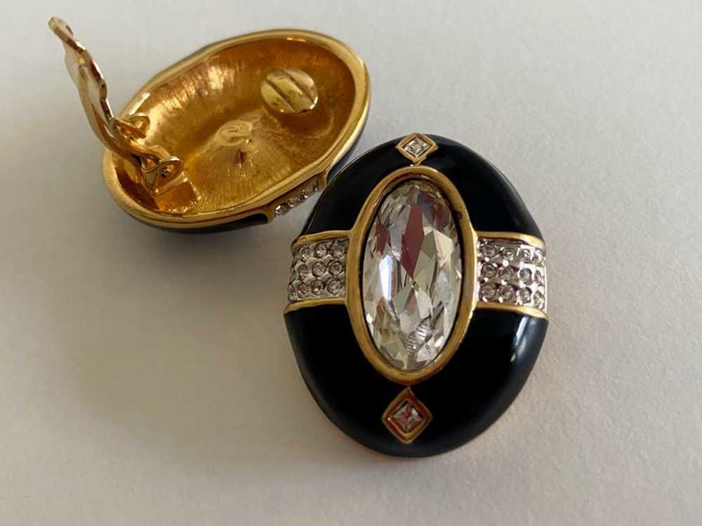 Large SWAROVSKI Oval Clip Earrings | Black Enamel… - image 2
