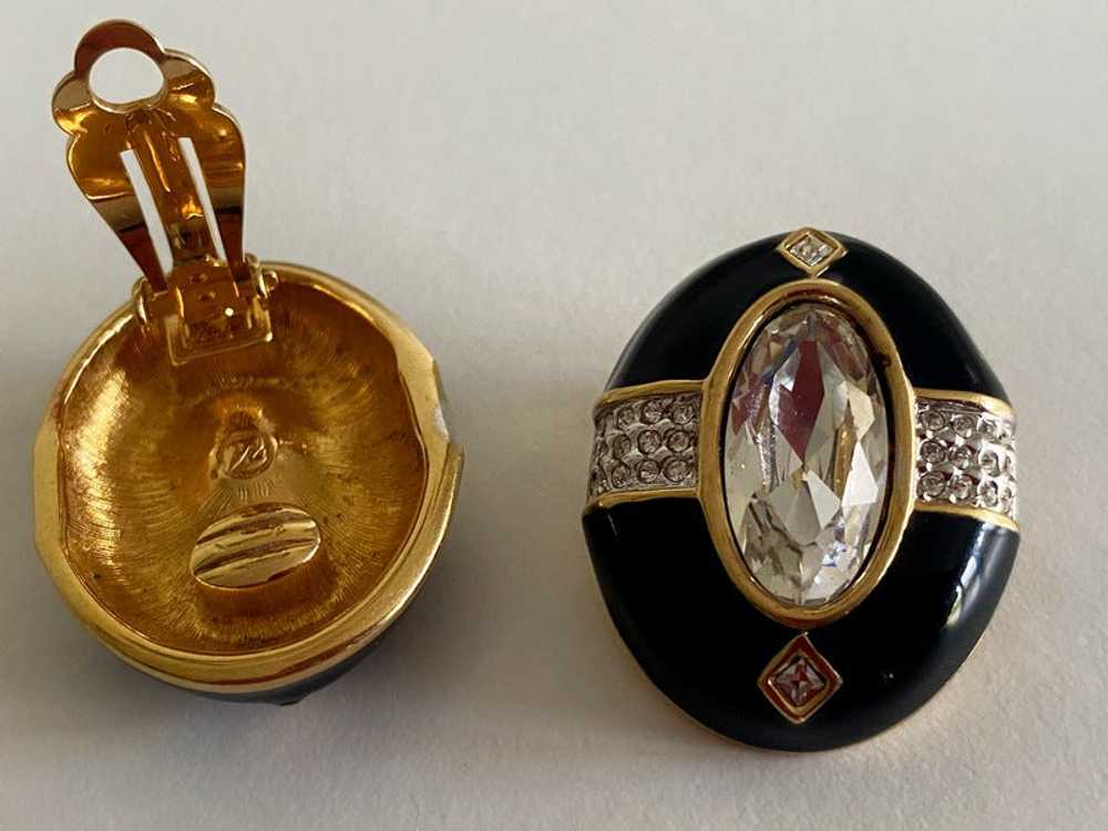 Large SWAROVSKI Oval Clip Earrings | Black Enamel… - image 4