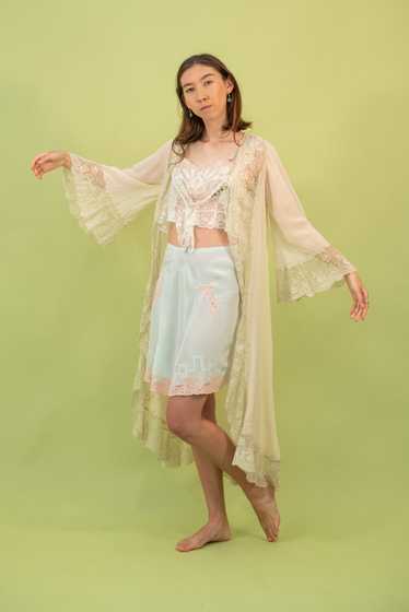 1930s Bell Sleeve Silk Georgette Lace Robe [xs/sm/