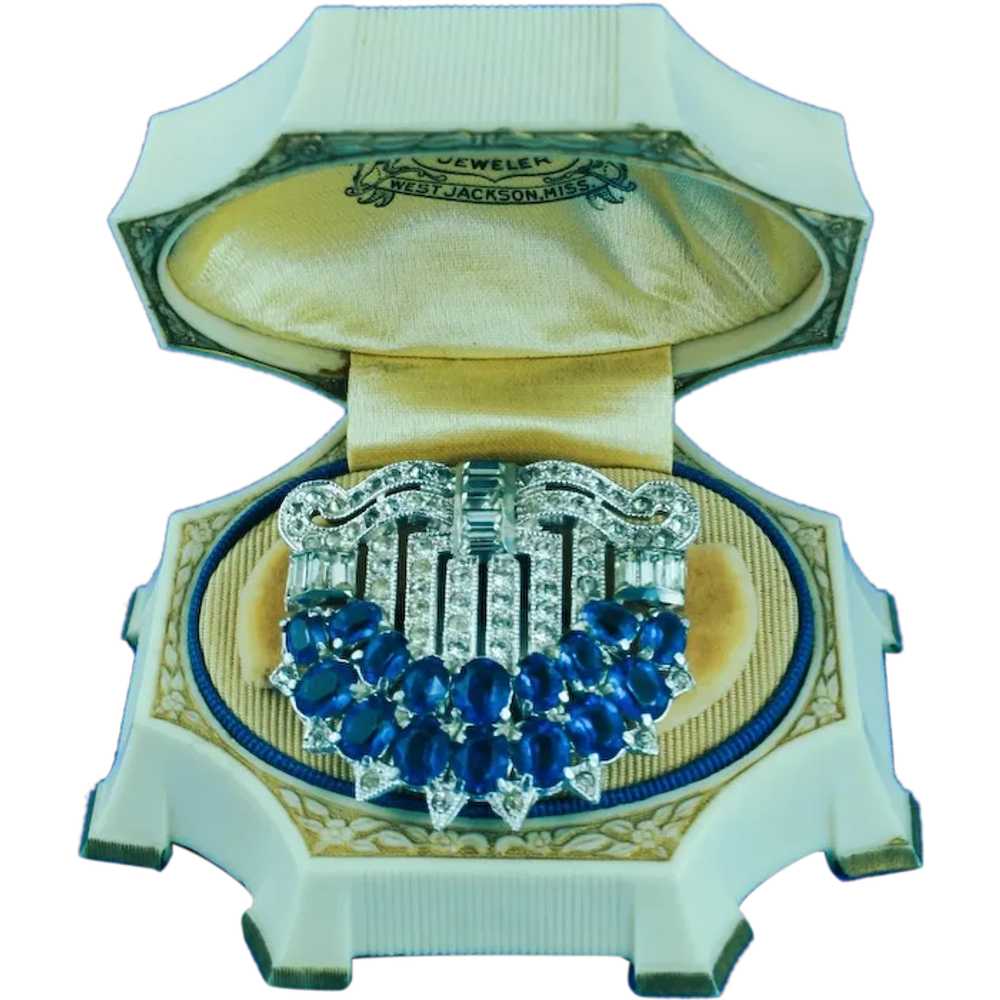 1930's/1940's Art Deco Blue and Clear Rhinestone … - image 1