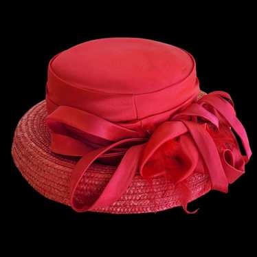 Vintage Red Straw Hat Vintage Y2K Satin Bow - image 1