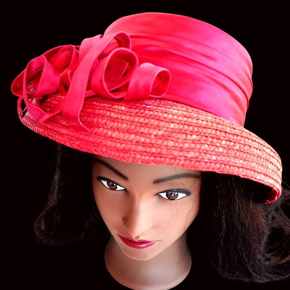 Vintage Red Straw Hat Vintage Y2K Satin Bow - image 2