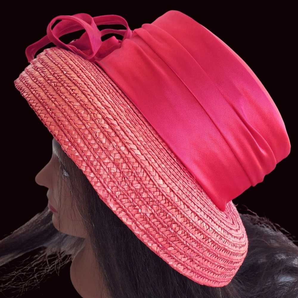 Vintage Red Straw Hat Vintage Y2K Satin Bow - image 3