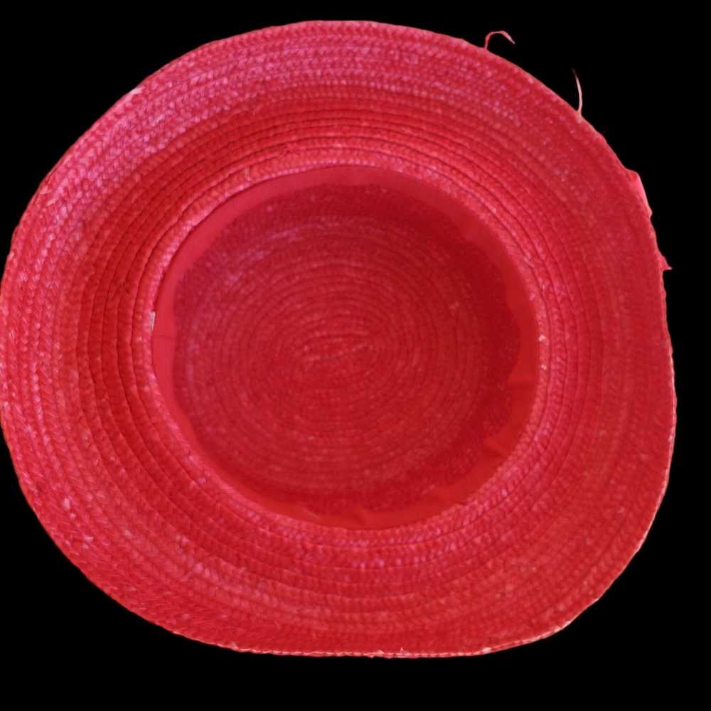 Vintage Red Straw Hat Vintage Y2K Satin Bow - image 4