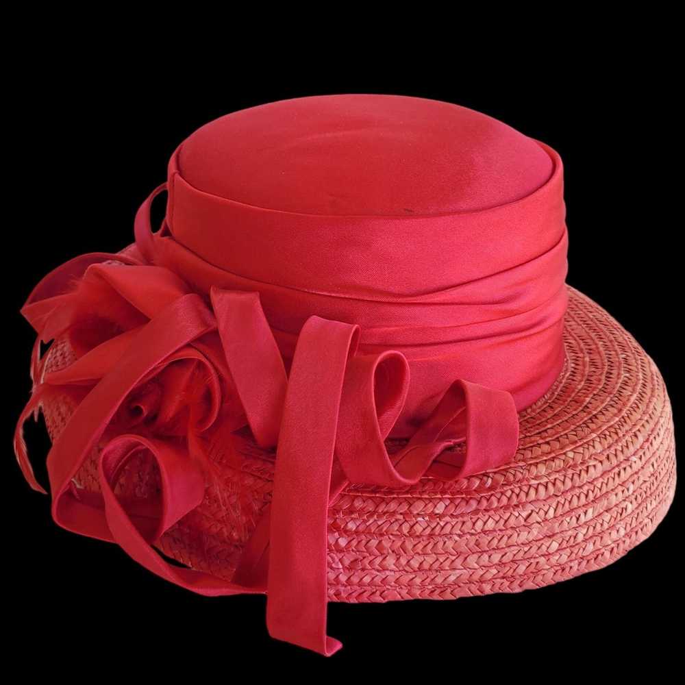 Vintage Red Straw Hat Vintage Y2K Satin Bow - image 6