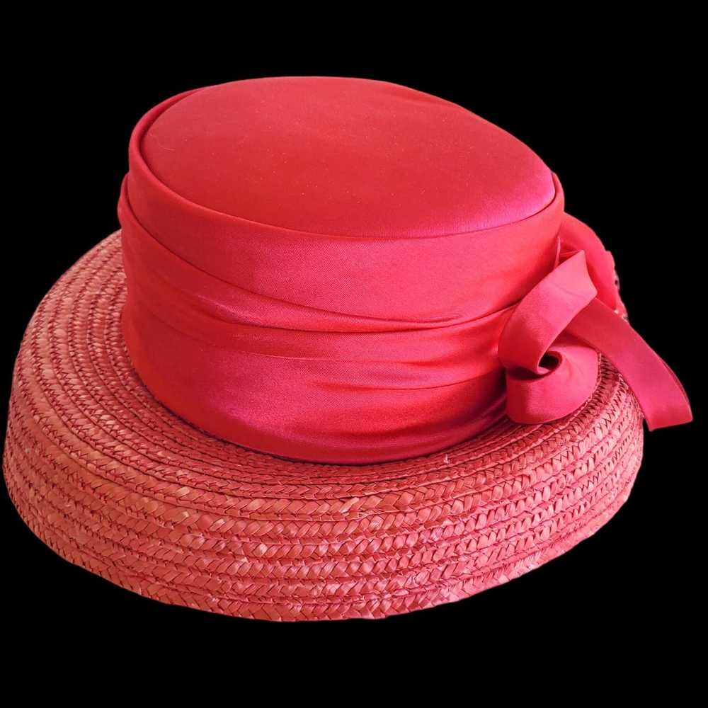 Vintage Red Straw Hat Vintage Y2K Satin Bow - image 7