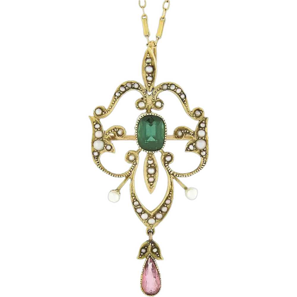 Antique Victorian 15K Gold Tourmaline Seed Pearl … - image 1