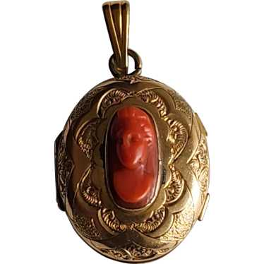 Victorian Carved Red Coral Gold Plated Locket pend