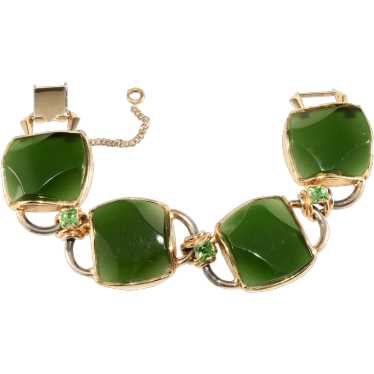 1950s LARGE Bracelet Chunky Green Glass and Rhine… - image 1