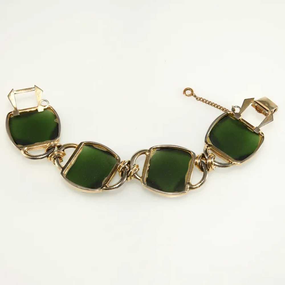 1950s LARGE Bracelet Chunky Green Glass and Rhine… - image 2
