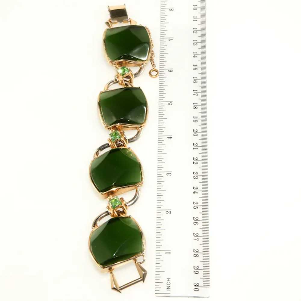 1950s LARGE Bracelet Chunky Green Glass and Rhine… - image 3