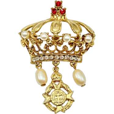 Vintage Dimensional Crown Pin Brooch Gold Tone & … - image 1