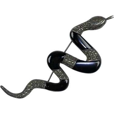 Large Sterling Marcasite Enamel Serpent Brooch - image 1