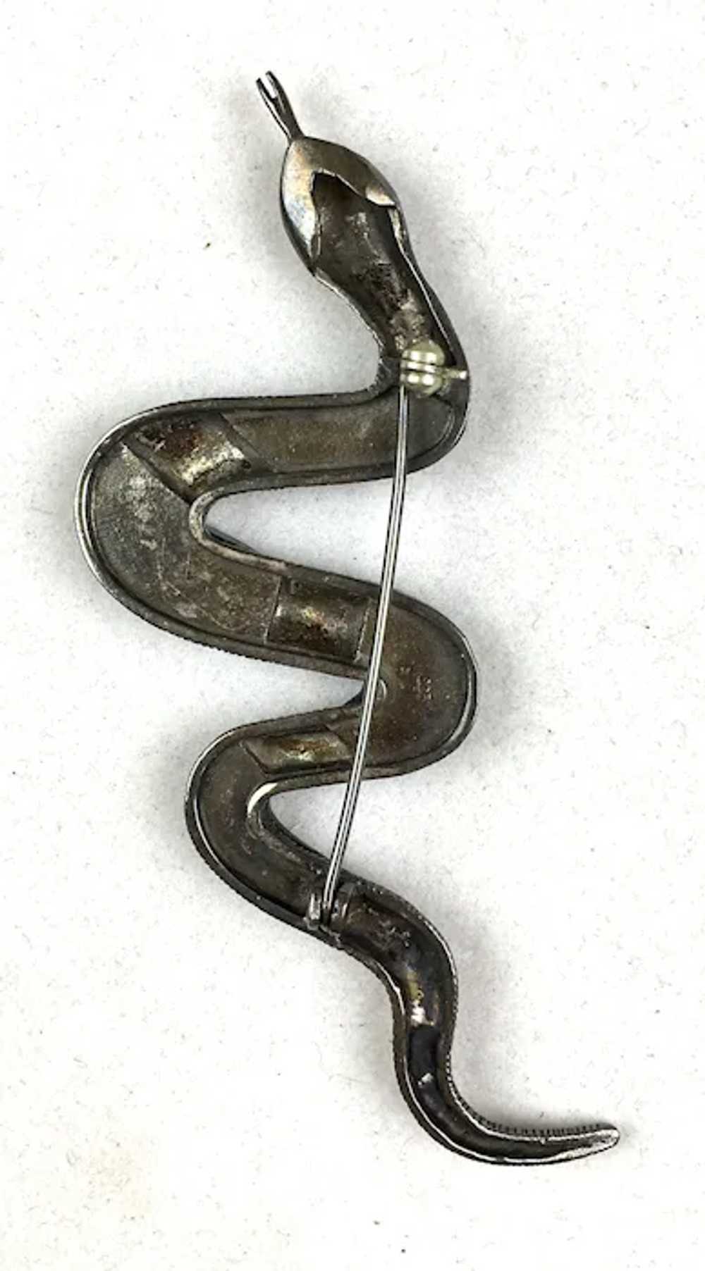 Large Sterling Marcasite Enamel Serpent Brooch - image 5