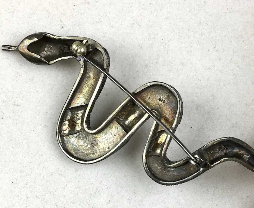 Large Sterling Marcasite Enamel Serpent Brooch - image 6