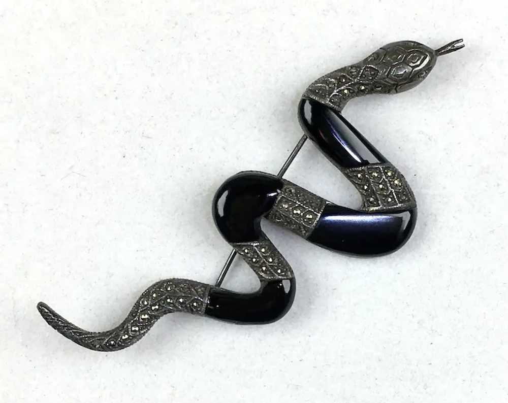 Large Sterling Marcasite Enamel Serpent Brooch - image 7