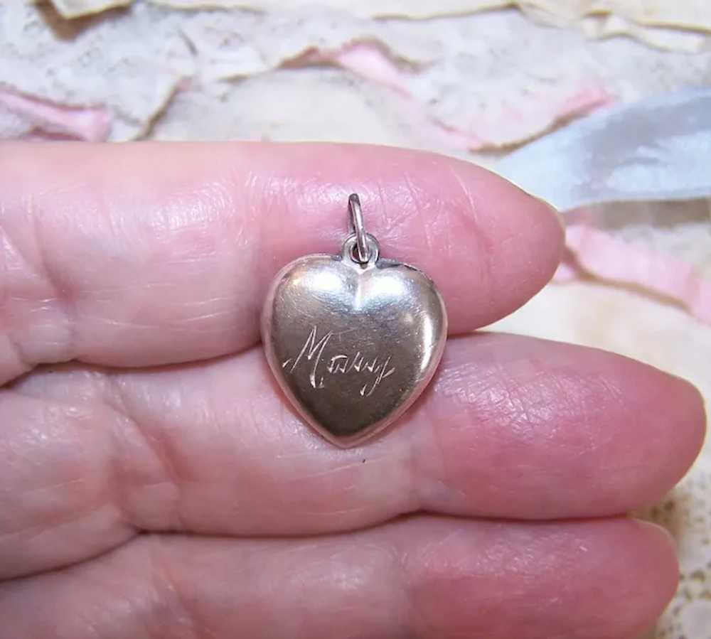 Dated 1945 Sterling Silver Puffy Heart Charm - En… - image 2
