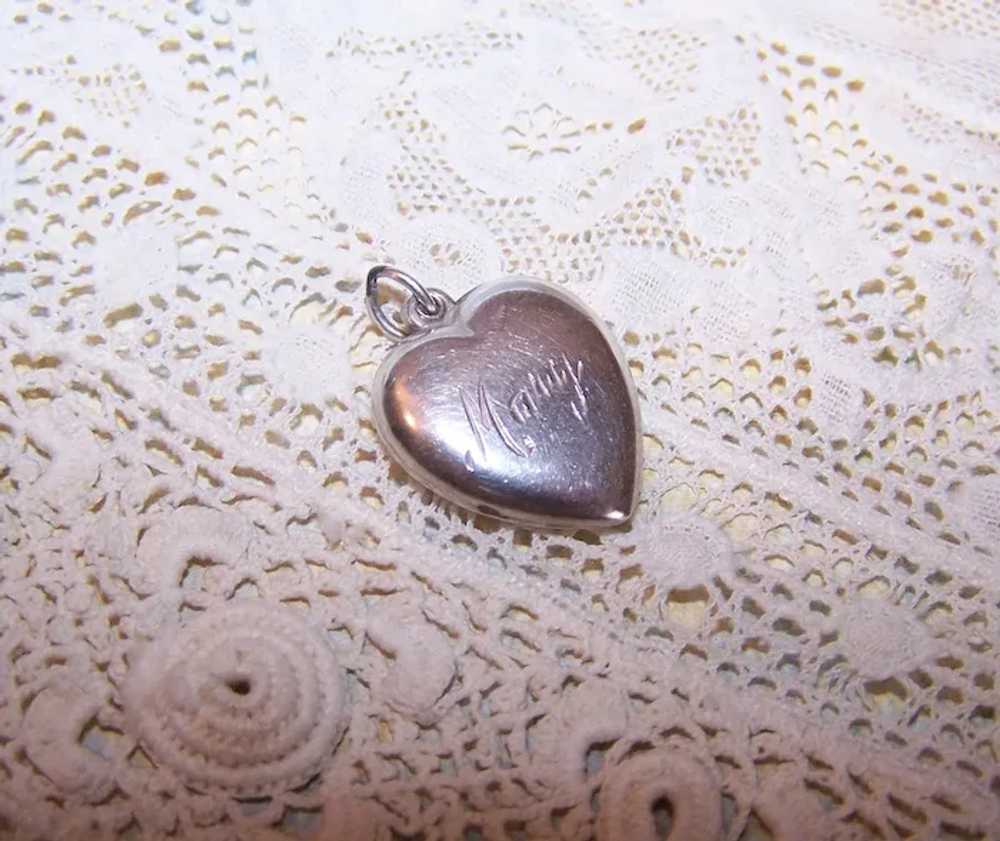 Dated 1945 Sterling Silver Puffy Heart Charm - En… - image 3