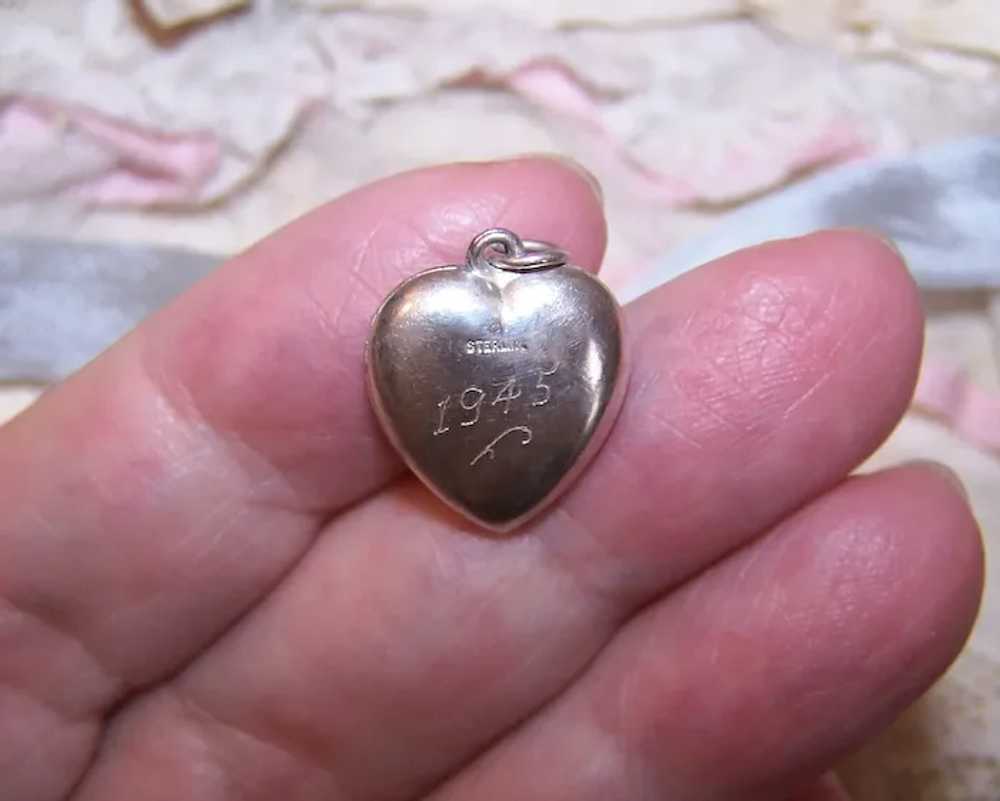 Dated 1945 Sterling Silver Puffy Heart Charm - En… - image 5