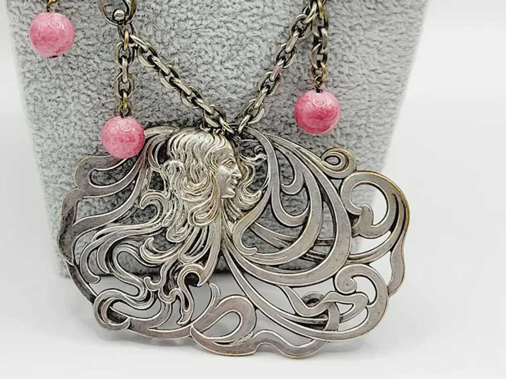 Vintage Art Nouveau Glass Silver Tone Lady Pendan… - image 2