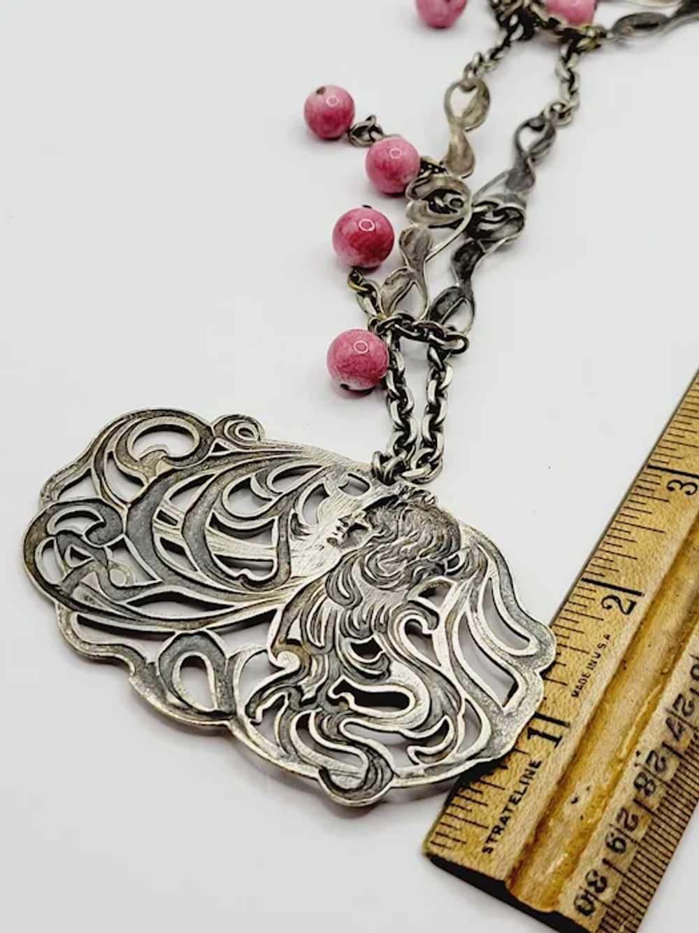 Vintage Art Nouveau Glass Silver Tone Lady Pendan… - image 5