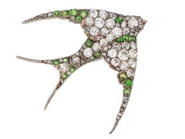 Demantoid Garnet Diamond Swallow Bird Brooch - image 1