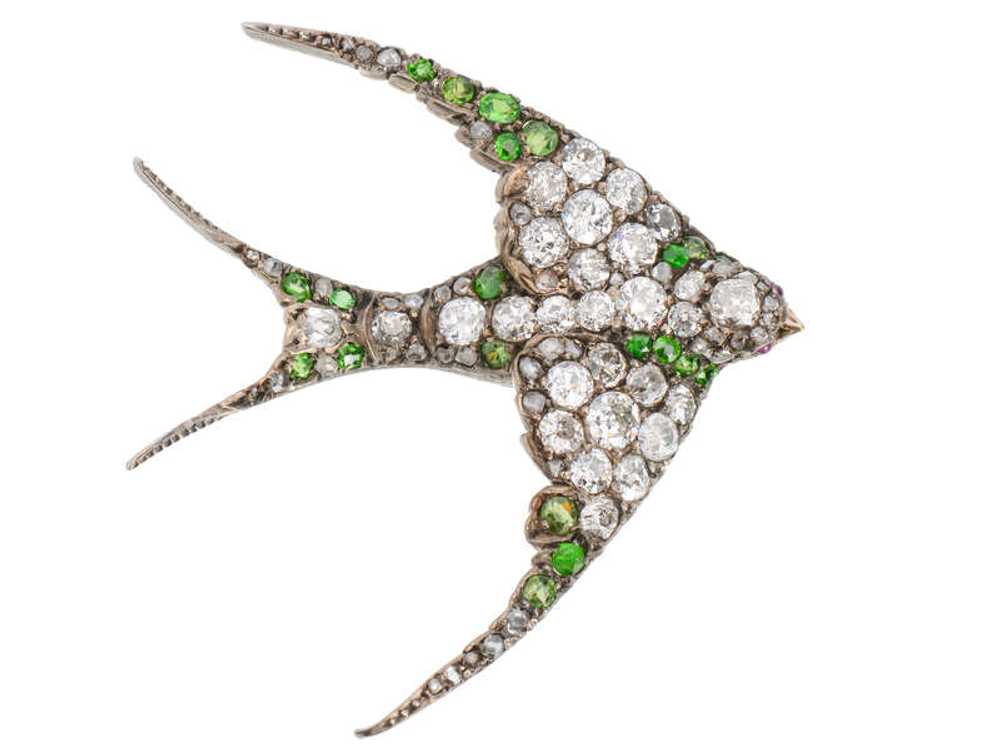 Demantoid Garnet Diamond Swallow Bird Brooch - image 2