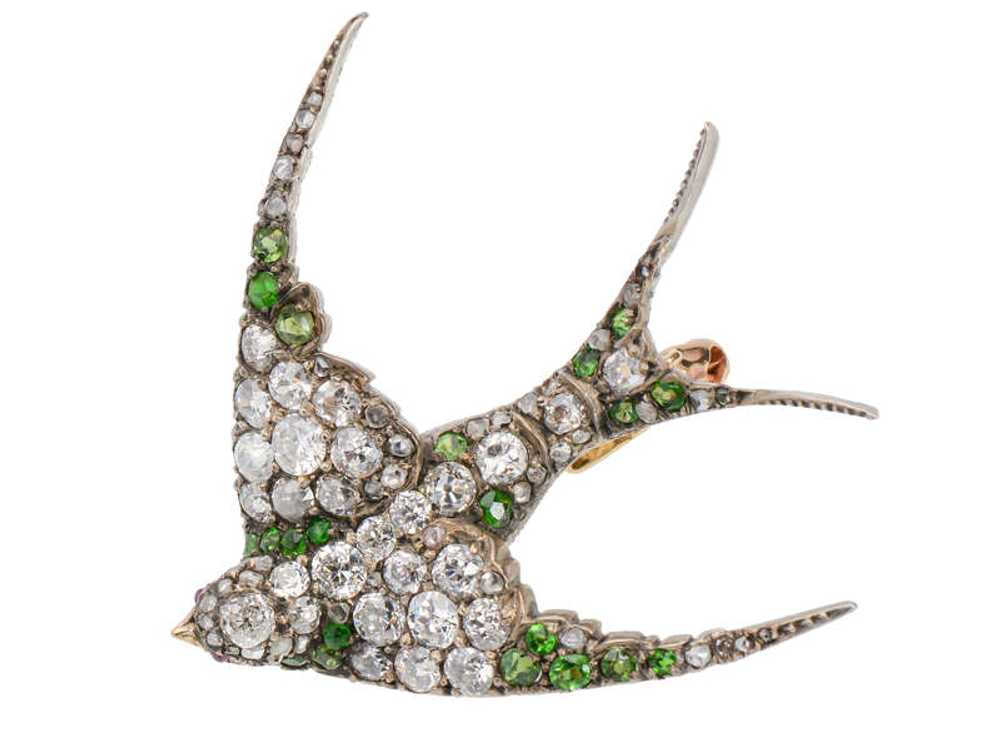 Demantoid Garnet Diamond Swallow Bird Brooch - image 3