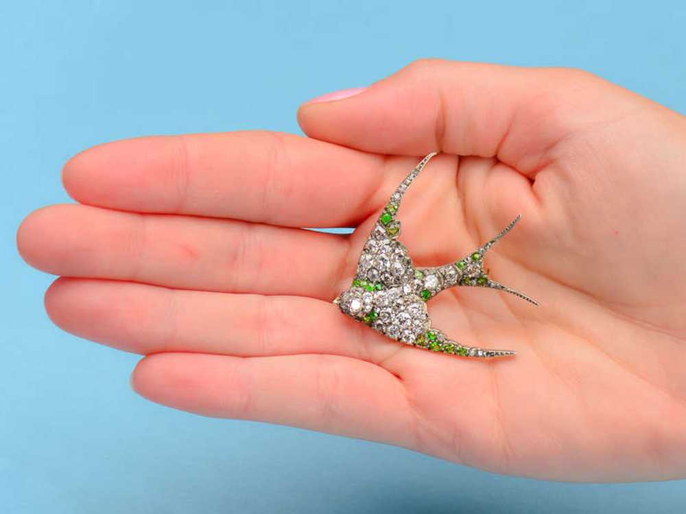 Demantoid Garnet Diamond Swallow Bird Brooch - image 5