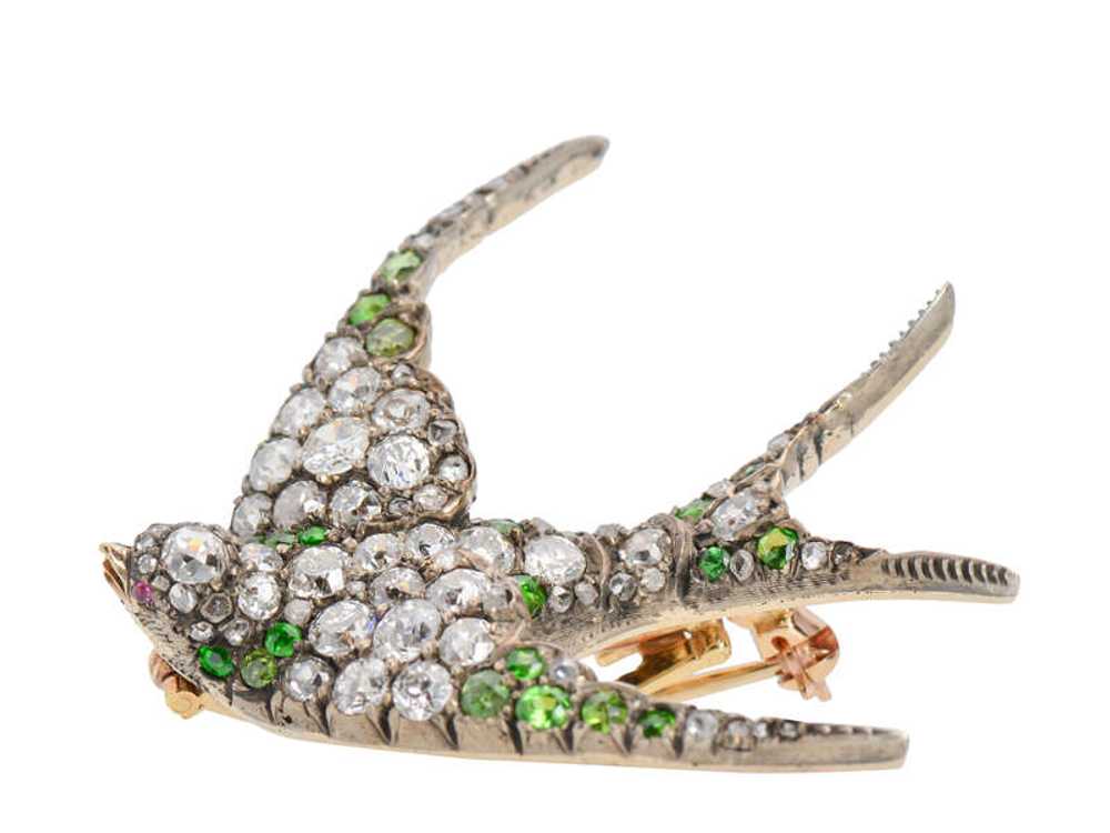 Demantoid Garnet Diamond Swallow Bird Brooch - image 7