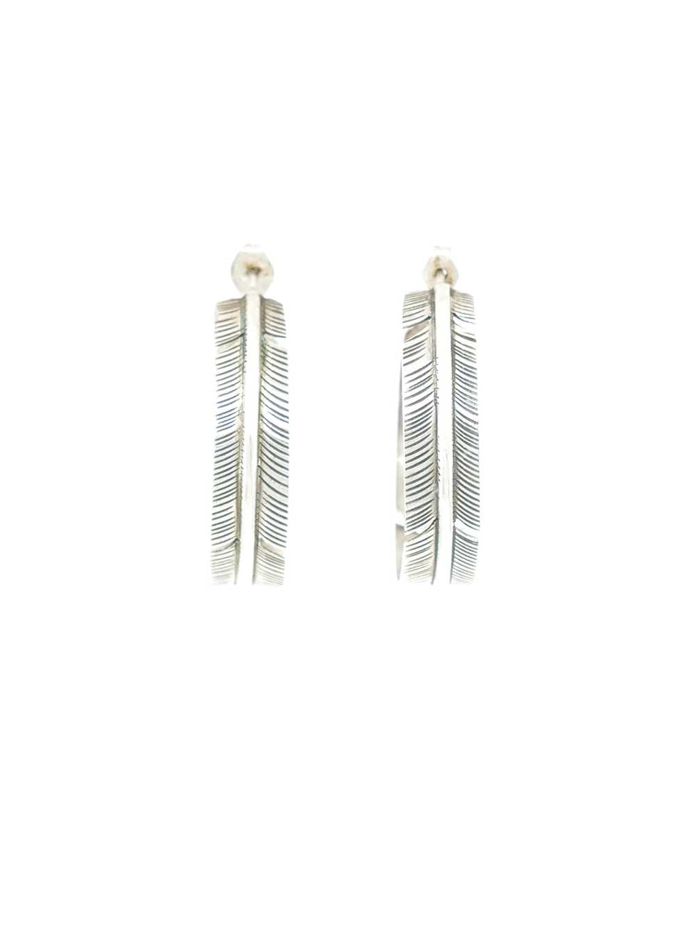 Modern Silver Feather Hoop Earrings - image 1