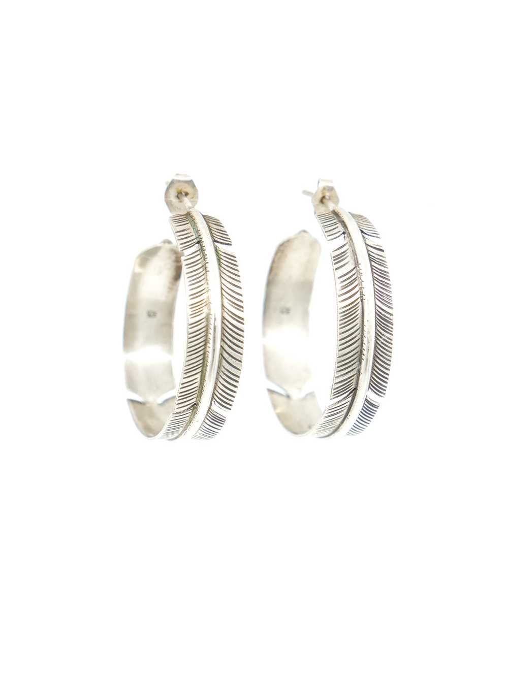 Modern Silver Feather Hoop Earrings - image 2