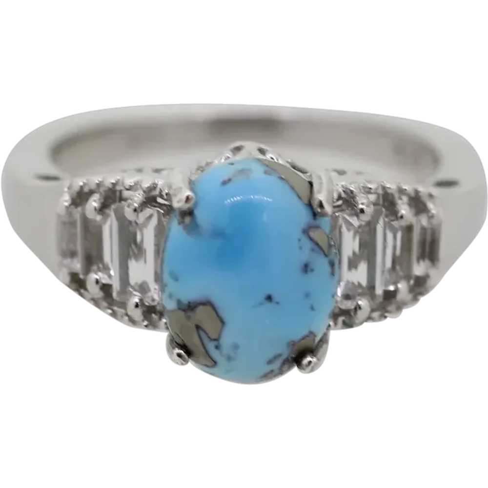 Sterling Silver Oval Turquoise Clear Stone ring -… - image 1