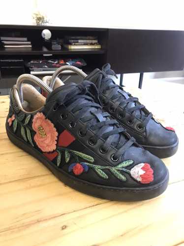 Gucci Ken Scott Ace Sneakers Black Floral Print Leather Size 38