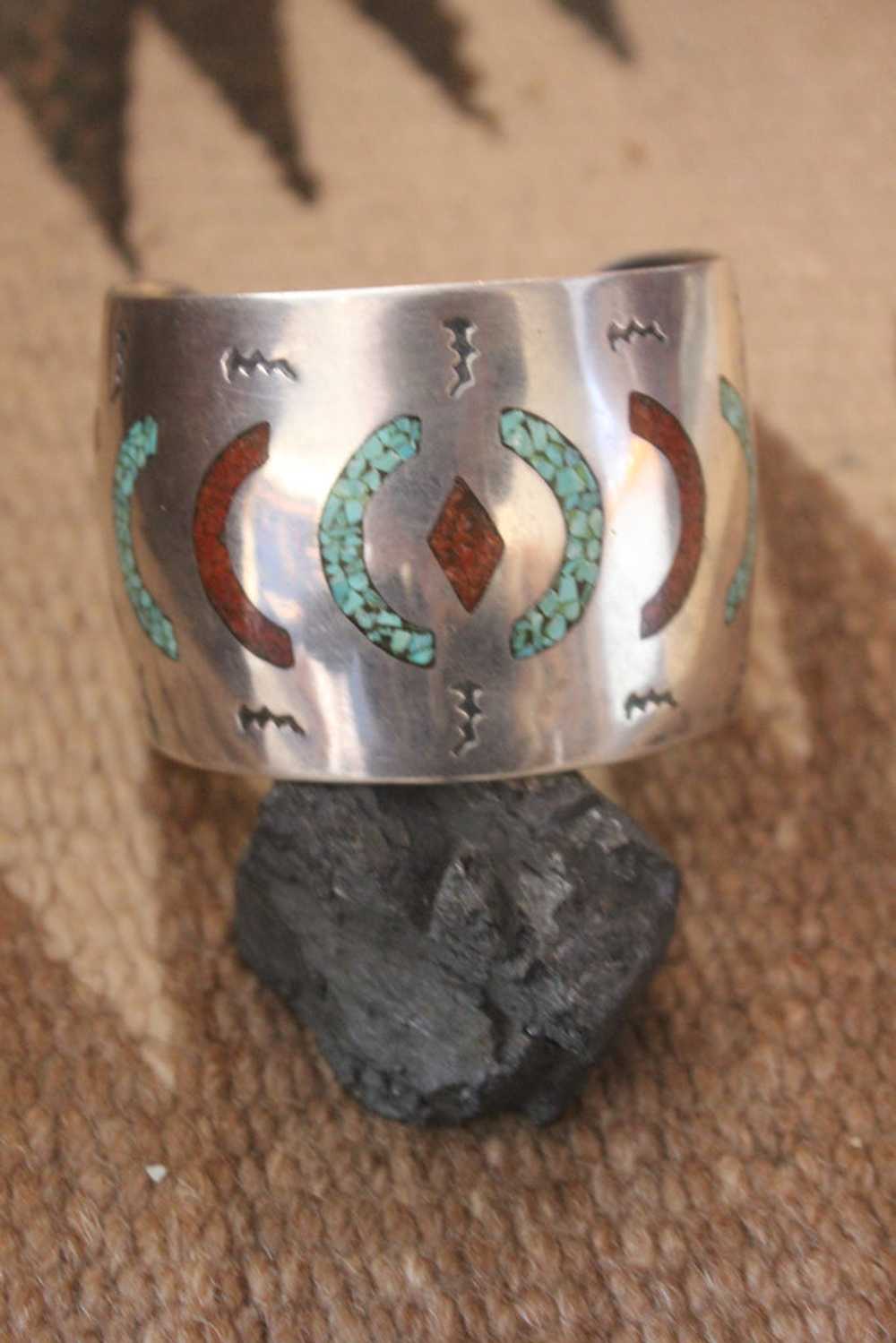 Vintage Navajo Turquoise Coral and Onyx Inlay Ste… - image 3