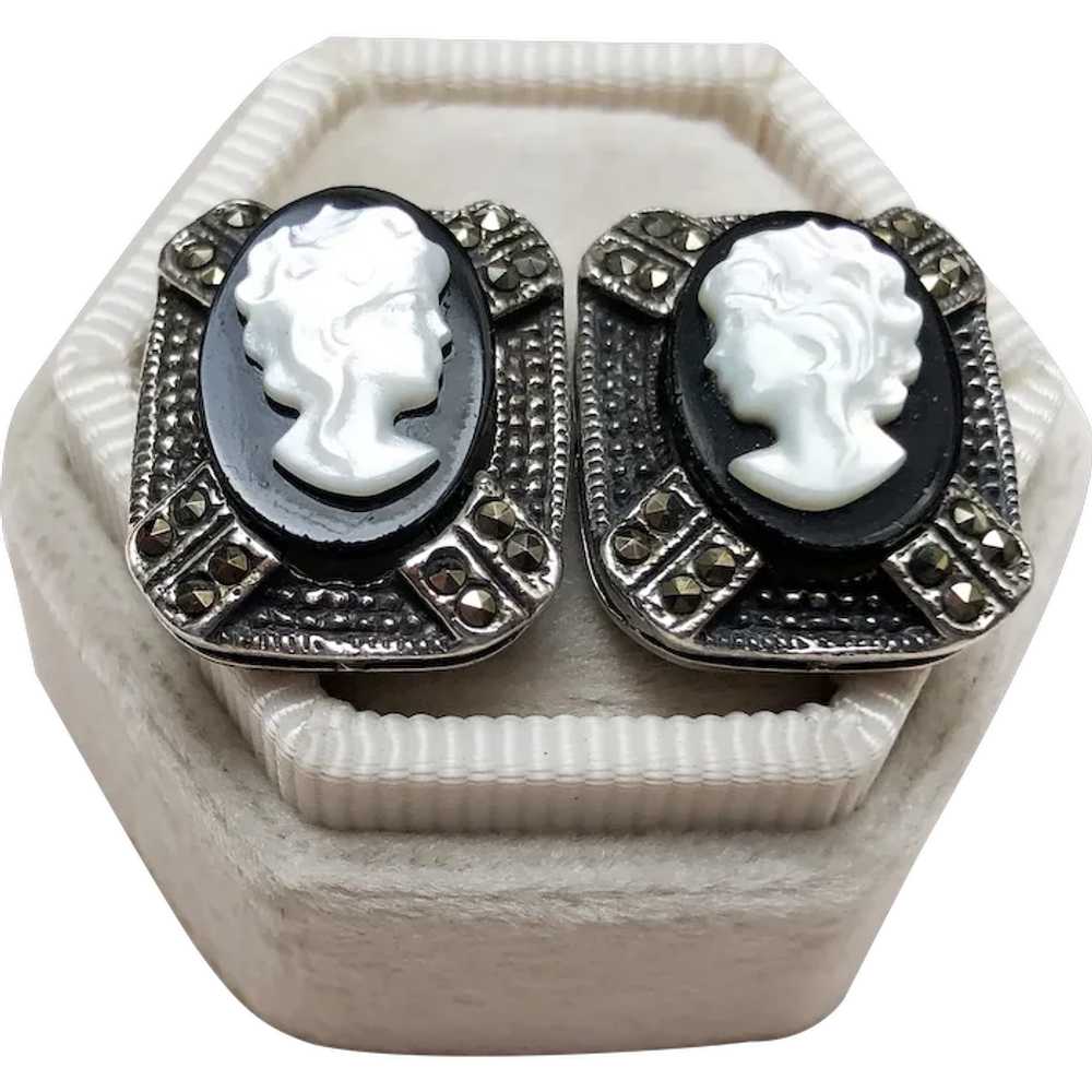 Lady cameo earrings stud, accent quirky marcasite… - image 1