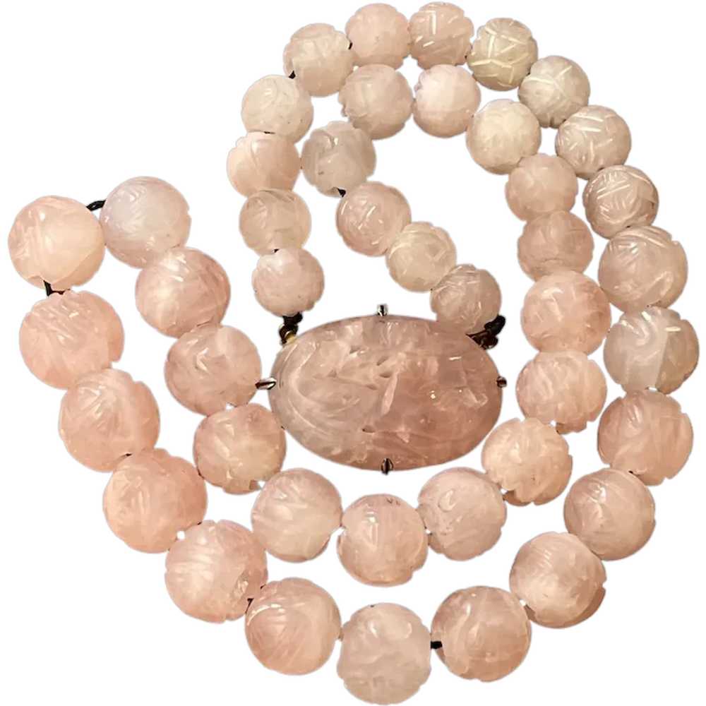 Chinese rose quartz mid century carved beads neck… - image 1