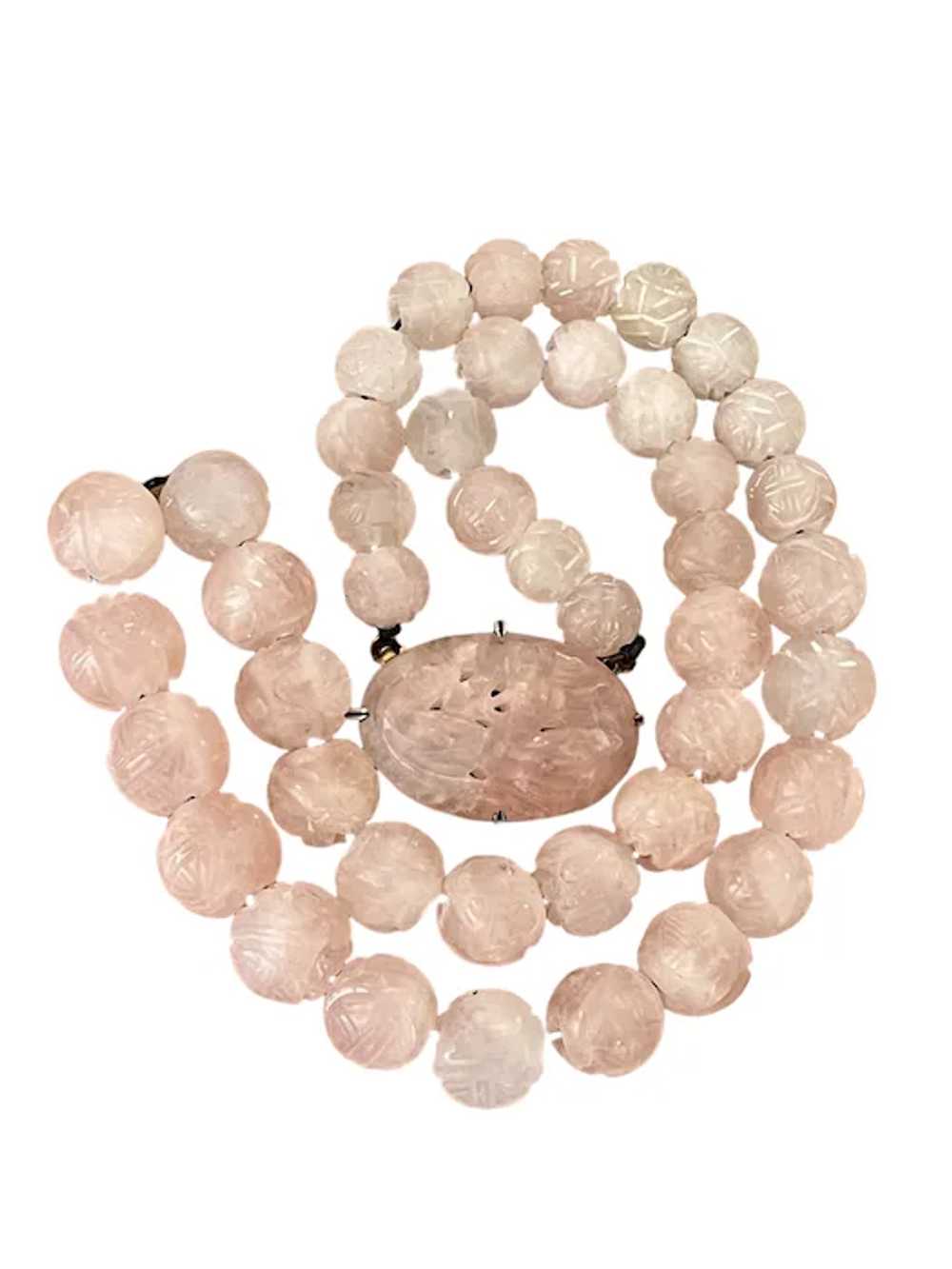 Chinese rose quartz mid century carved beads neck… - image 2