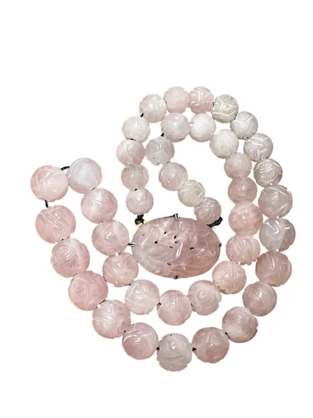 Chinese rose quartz mid century carved beads neck… - image 3