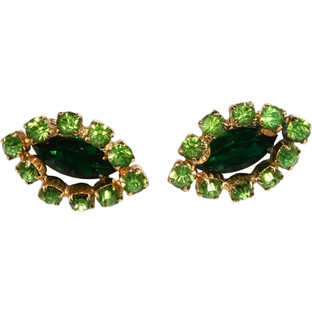 Marquise Shaped Vintage Earrings Green Rhinestone… - image 1