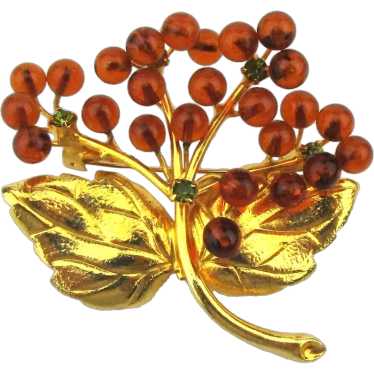 Gorgeous Golden Leaf Pin w/ Amber Glass Bud Flowe… - image 1