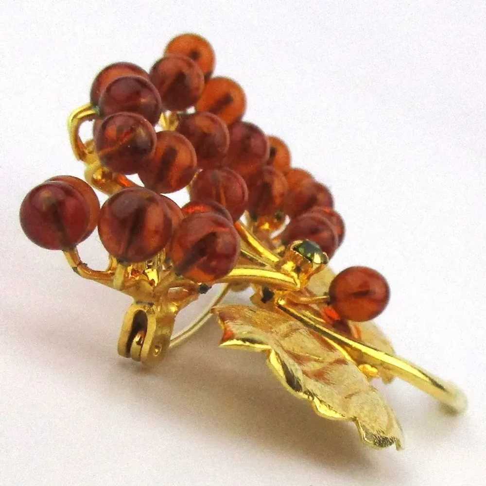 Gorgeous Golden Leaf Pin w/ Amber Glass Bud Flowe… - image 2