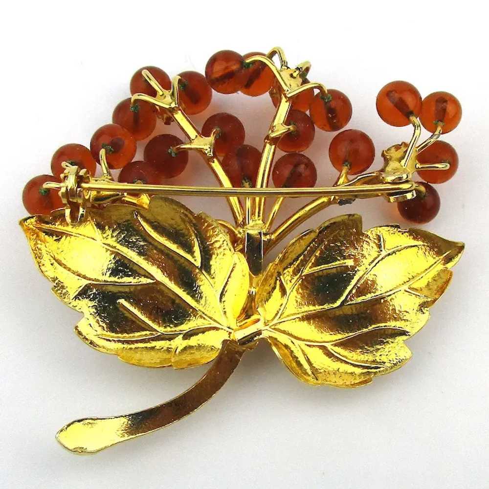 Gorgeous Golden Leaf Pin w/ Amber Glass Bud Flowe… - image 4