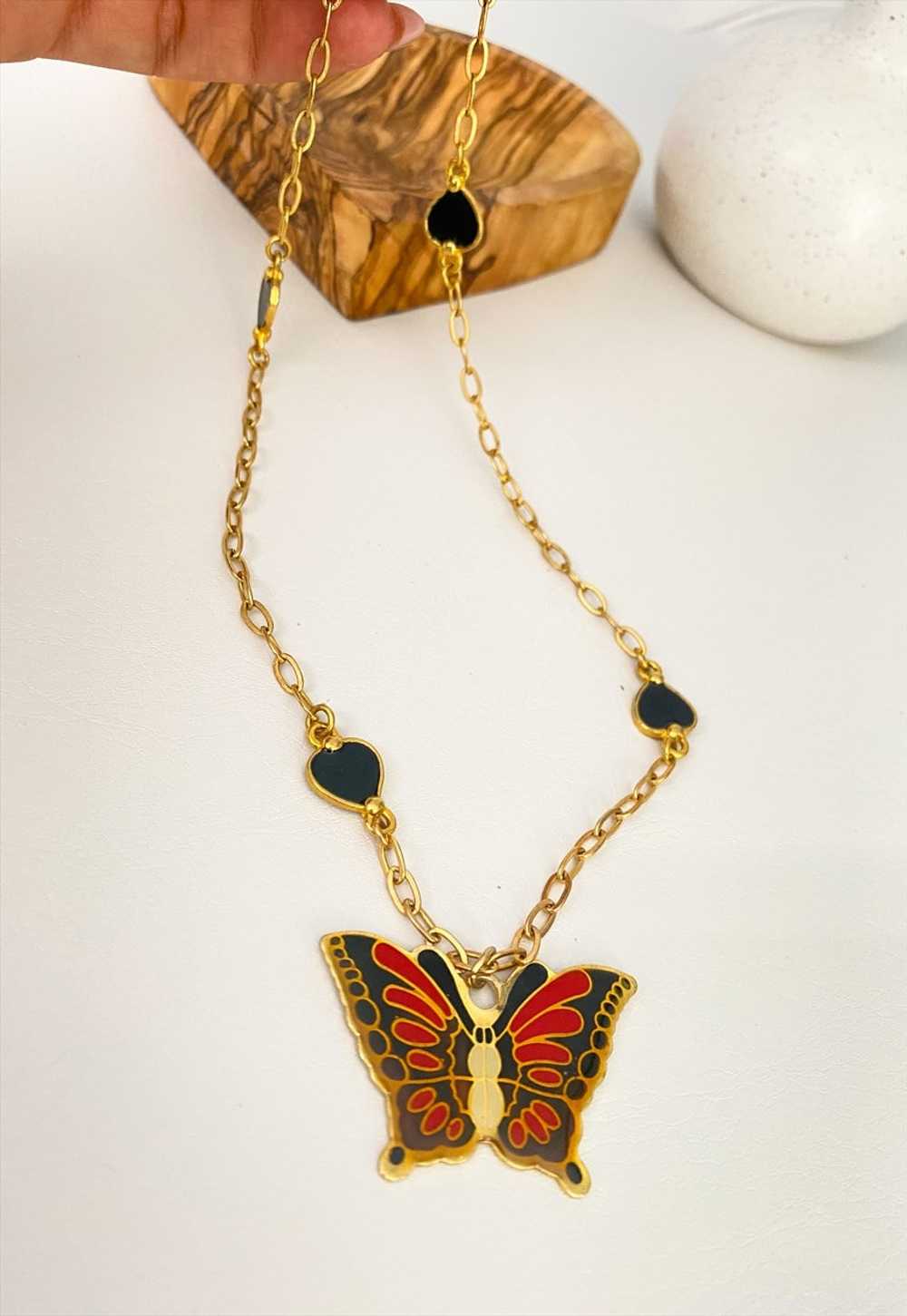 Boho Rose 1980's Heart Chain Butterfly Necklace - image 4