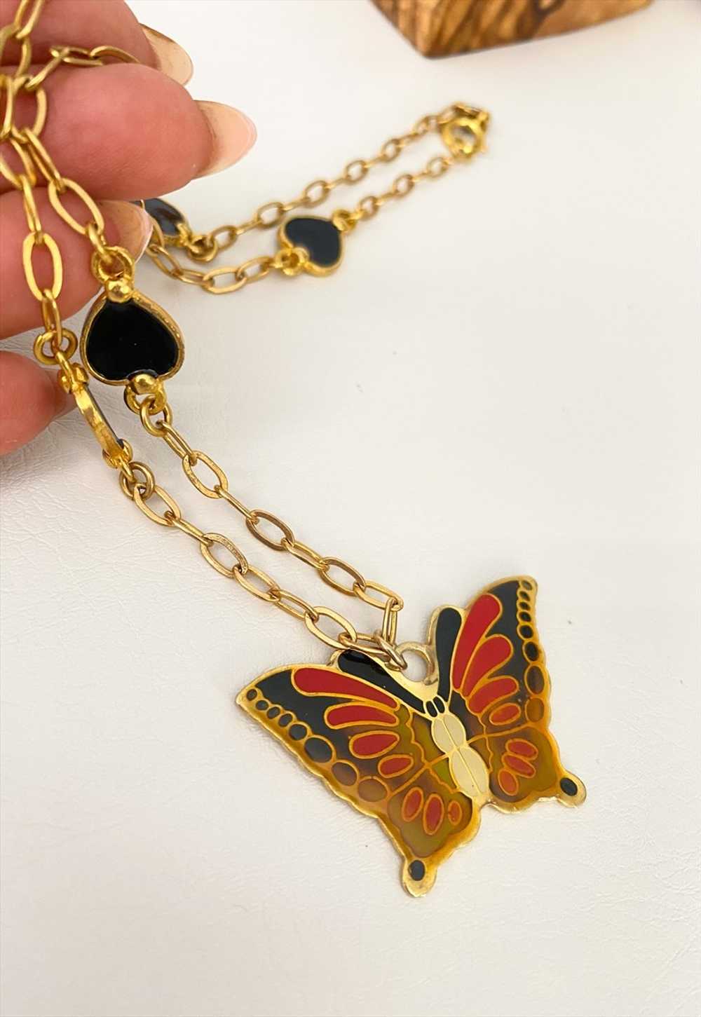 Boho Rose 1980's Heart Chain Butterfly Necklace - image 5