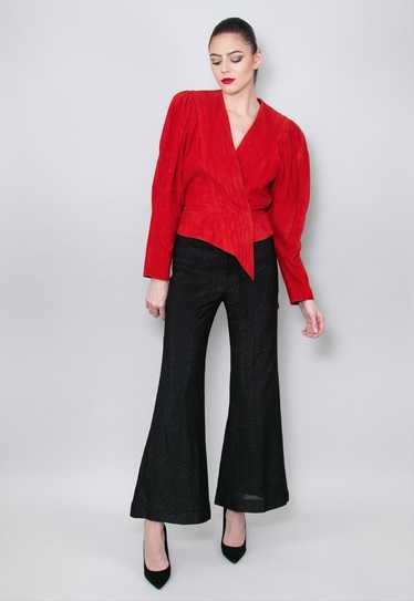 80's Red Suede Puff Sleeve Ladies Vintage Belted J