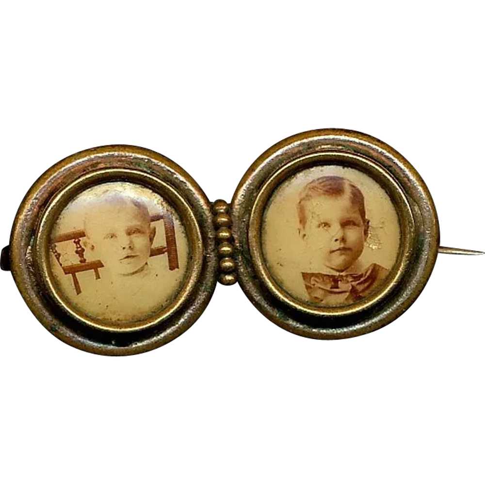 Antique Victorian Double Photo Pin - Two Adorable… - image 1