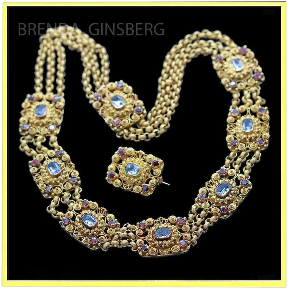 Antique Georgian Set Necklace Brooch 22k Gold Aqu… - image 1