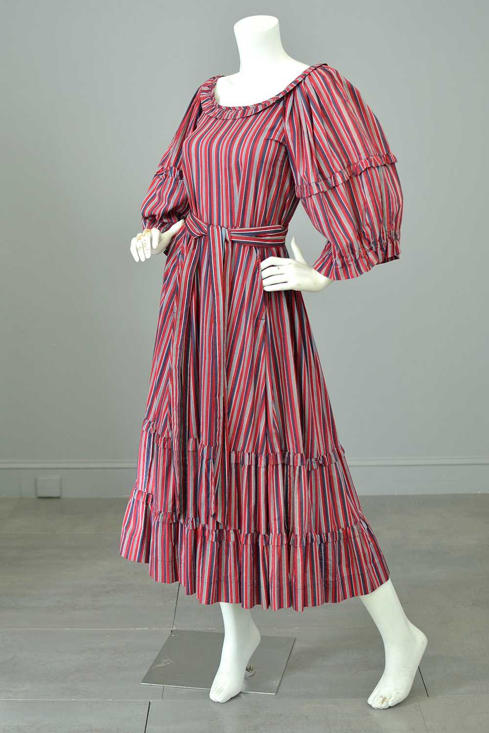 1980s Striped Cotton Peasant Dress with Puffy Bel… - image 1