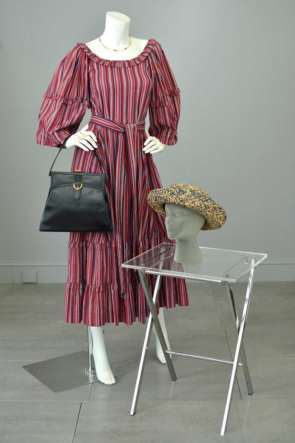 1980s Striped Cotton Peasant Dress with Puffy Bel… - image 2